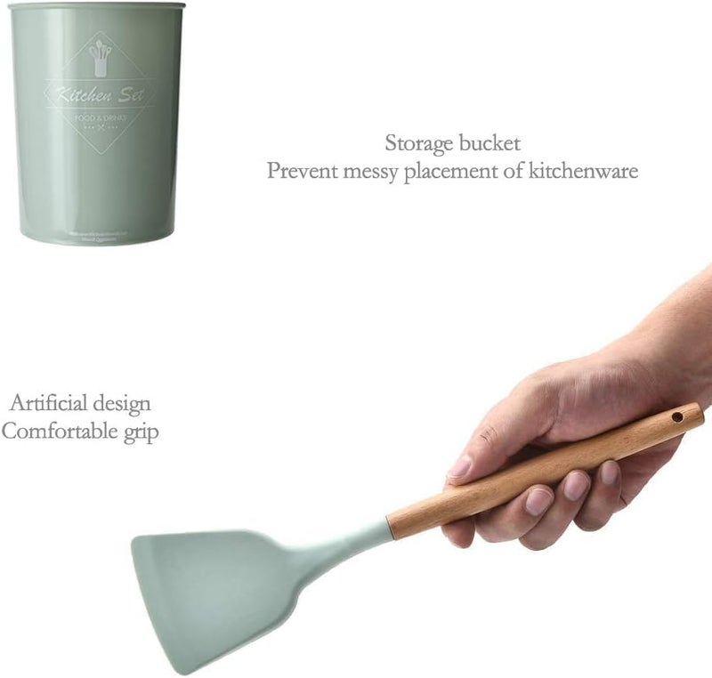 Home Brand Silicone Cooking Kitchen 12PCS Wooden Utensils Tool for Nonstick Cookware, Set with Bamboo Wood Handles Cookware Non-Toxic Turner Tongs Spatula Spoon Green - Image 3